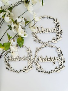 Drewniana obręcz dekoracyjna  WIARA, NADZIEJA, MIŁOŚĆ 