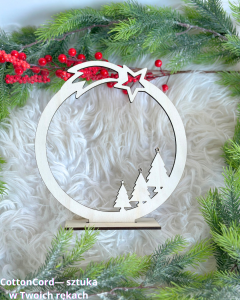 Drewniana świąteczna baza stojak DIY – okrągła obręcz z choinkami i gwiazdą betlejemską 20cm