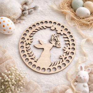 Drewniana baza do koszyczka szydełko/makrama 16 cm –Króliczek z motylem wz.4