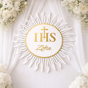  Personalizowana Hostia IHS 50 cm – Dekoracja Komunijna z Imieniem  Biel + Złote Lustro