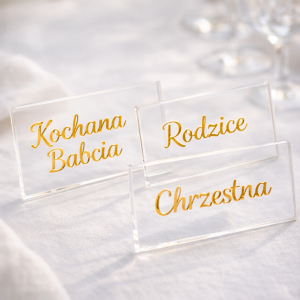 Winietki na stół – złoty napis na przezroczystej pleksi 10x4 cm | Personalizowane