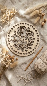 Drewniana baza 14 cm – koszyk / torebka / podkładka szydełko/makrama wzór 9