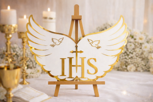 Skrzydła komunijne IHS – dekoracja na Komunię Świętą 68 × 50 cm złote lustro