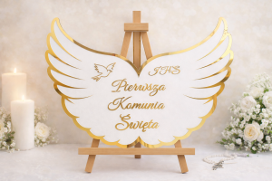 Dekoracja na Pierwszą Komunię Świętą – Skrzydła IHS białe ze złotym lustrem 68x50 cm