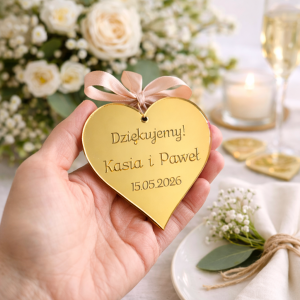 Zawieszka serce złote lustro pleksi 8 cm – personalizowana zawieszka 