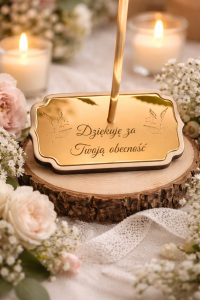 Drewniany grawerowany stojak z dodatkiem złotej pleksi do Aniołka 6,5 cm X 4 cm 