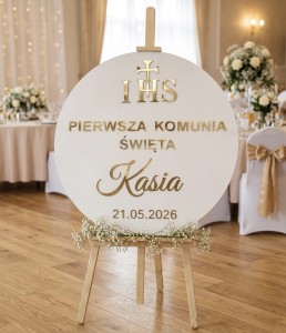 Tablica powitalna Pierwsza Komunia Święta | Personalizowana tablica komunijna 50 cm | Dekoracja komunijna złote lustro