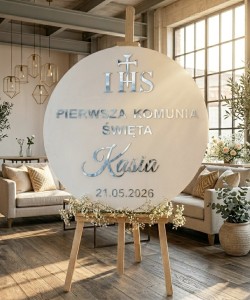 Tablica powitalna Pierwsza Komunia Święta | Personalizowana tablica komunijna 50 cm | Dekoracja komunijna srebrne lustro