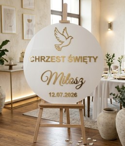 Tablica powitalna na Chrzest Święty – biała + złote lustro | personalizowana tablica na sztalugę | 50 cm