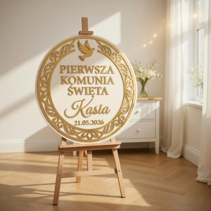 Tablica powitalna na Komunię 50 cm Okrągła biała ze złotym lustrem 