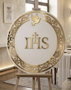 Tablica komunijna IHS 50 cm | Okrągła biała ze złotym lustrem | Dekoracja na Pierwszą Komunię Świętą