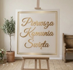 Tablica powitalna na Komunię 50x50 cm | Kwadratowa biała ze złotym lustrem | 