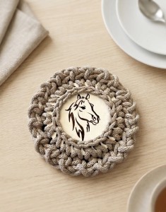 Drewniana podkładka pod kubek z szydełkowym wykończeniem Handmade  wzór 4