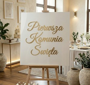 Tablica powitalna na Komunię 50x50 cm | Kwadratowa biała ze złotym lustrem wzór 2