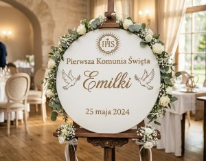 Tablica powitalna Komunia 50 cm | Biała tablica z grawerem | Personalizowana dekoracja komunijna