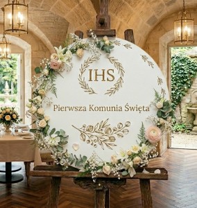 Tablica powitalna Komunia 50 cm | Biała tablica z grawerem IHS | Dekoracja komunijna