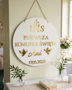 Tablica Powitalna na Pierwszą Komunię Świętą z Gołąbkami – Personalizowana 50 cm | Biała + Złote Lustro