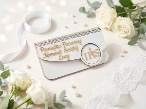 Personalizowana koperta komunijna IHS z tabliczką z życzeniami