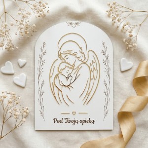 Grace – Obraz dekoracyjny Anioł Stróż z dzieckiem „Pod Twoją opieką” 30 × 40 cm Biało-złota dekoracja (1)
