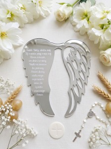 Srebrne skrzydła z modlitwą „Aniele Boży” 10 cm X 12 cm wzór Anielskie 6 