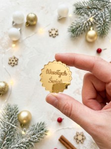 Złote kółeczko „Wesołych Świąt” z lustrzanej pleksi 3 cm | Ozdoba DIY