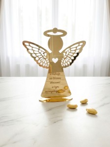 Personalizowany złoty aniołek stojący z pleksi 10 cm wzór 1