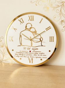 Personalizowany Zegar Ścienny 50 cm – biel plus złoto. Ślub, rocznica