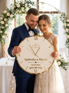 Personalizowany Zegar Ścienny 50 cm – biel plus złoto. Ślub, rocznica 