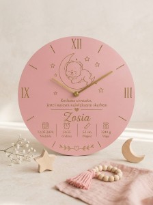 Personalizowany grawerowany różowy zegar dla dziecka – pamiątka narodzin, chrztu 50 cm